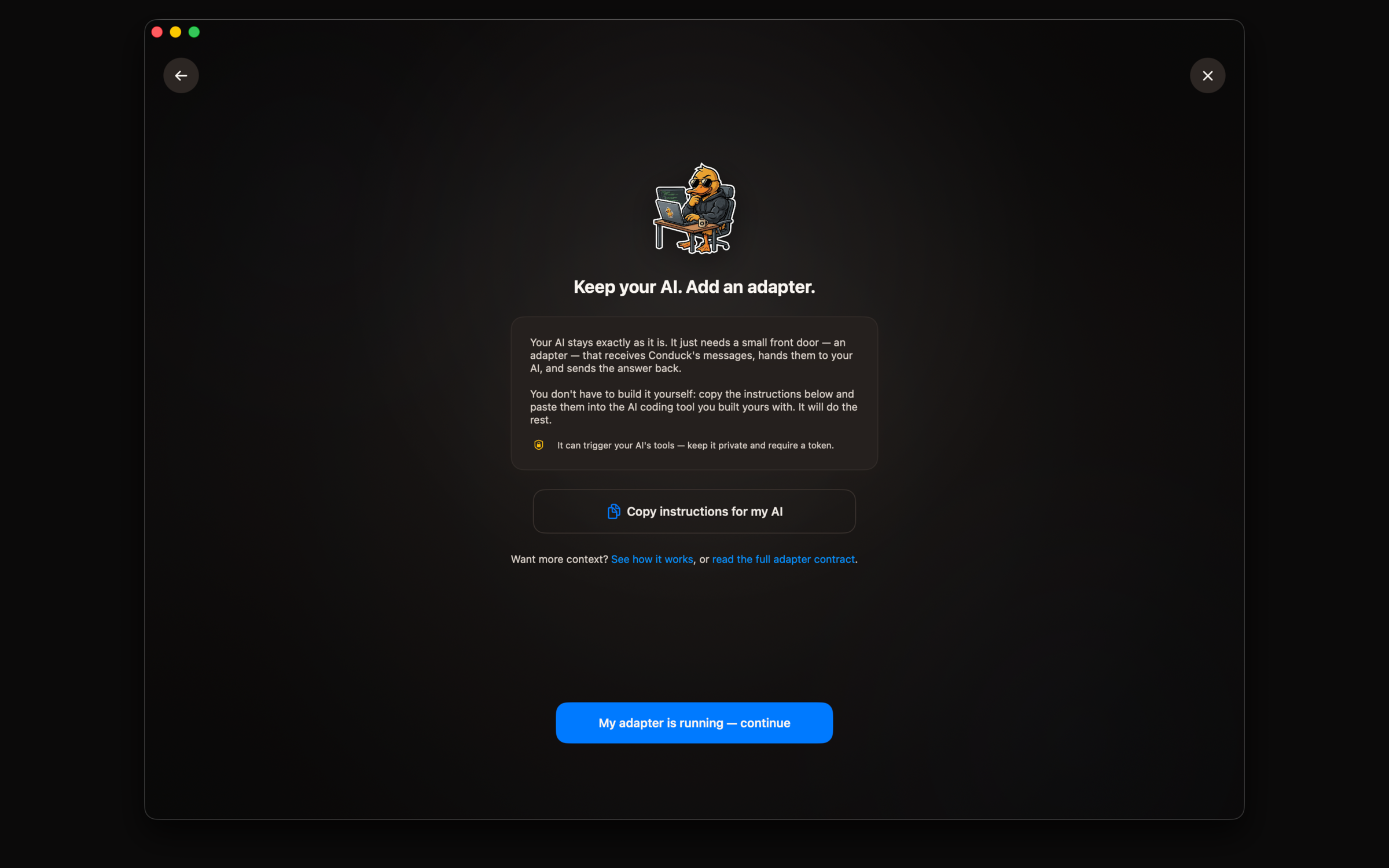 Conduck for Mac showing the custom AI setup screen, with instructions to add an adapter and copy the build brief.