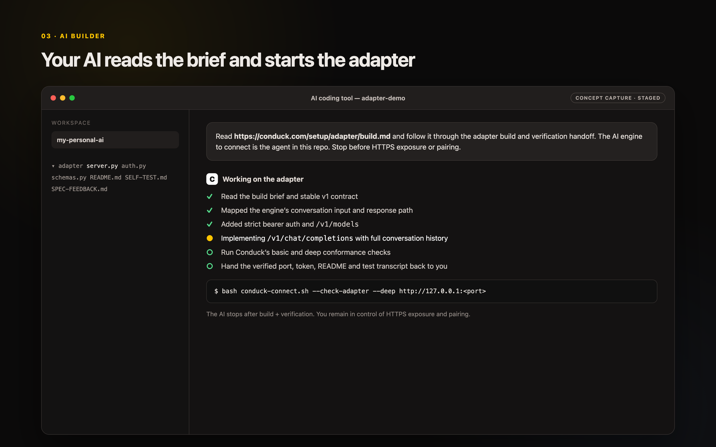 Staged AI coding-tool concept showing adapter files and a checklist for implementing Conduck’s adapter contract.